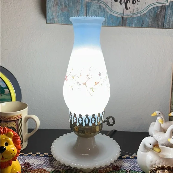 Blue Milk Glass Floral Lamp - Picture 2 of 2